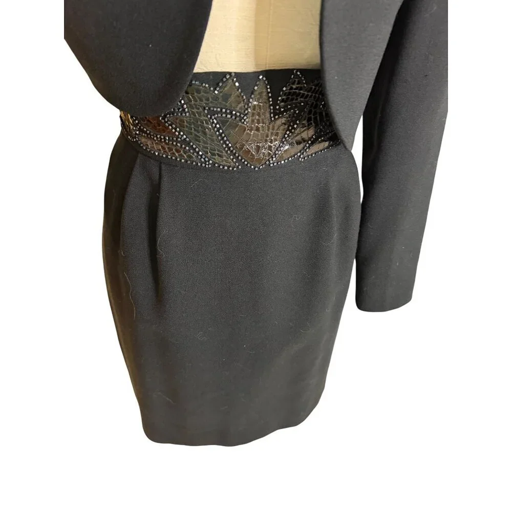Nolan Miller Womens Bolero Jacket Skirt Set Size 6 Black Wool Snakeskin Beaded - Picture 8 of 13